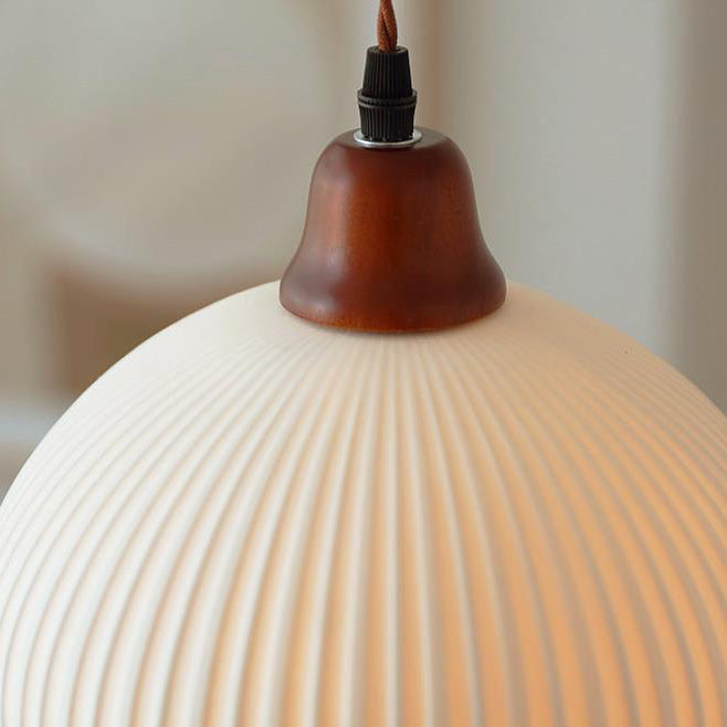 Vintage Japanese Ceramic Round Dome Pendant Light with Pleated Design and Wooden Accents