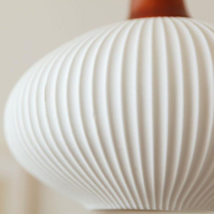 Vintage Japanese Ceramic Round Dome Pendant Light with Pleated Design and Wooden Accents