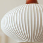 Vintage Japanese Ceramic Round Dome Pendant Light with Pleated Design and Wooden Accents