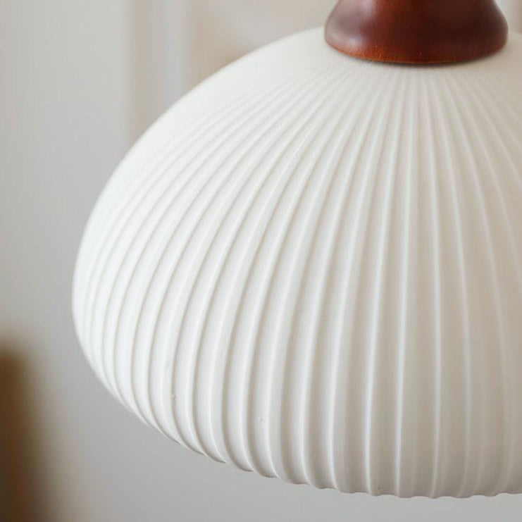 Vintage Japanese Ceramic Round Dome Pendant Light with Pleated Design and Wooden Accents