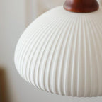 Vintage Japanese Ceramic Round Dome Pendant Light with Pleated Design and Wooden Accents