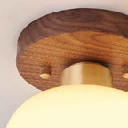 Artistic Vintage Walnut and Brass Round Semi-Flush Mount Ceiling Light with One Bulb