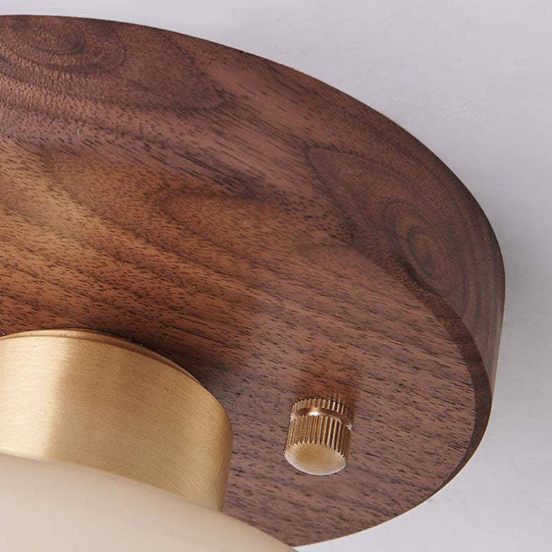 Artistic Vintage Walnut and Brass Round Semi-Flush Mount Ceiling Light with One Bulb
