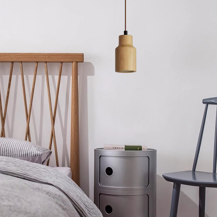 Minimalist Wooden Cylinder Small Pendant Light with Single Bulb