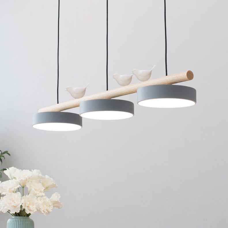Nordic-Inspired Round Resin Bird LED Chandelier with Wooden Linear Design