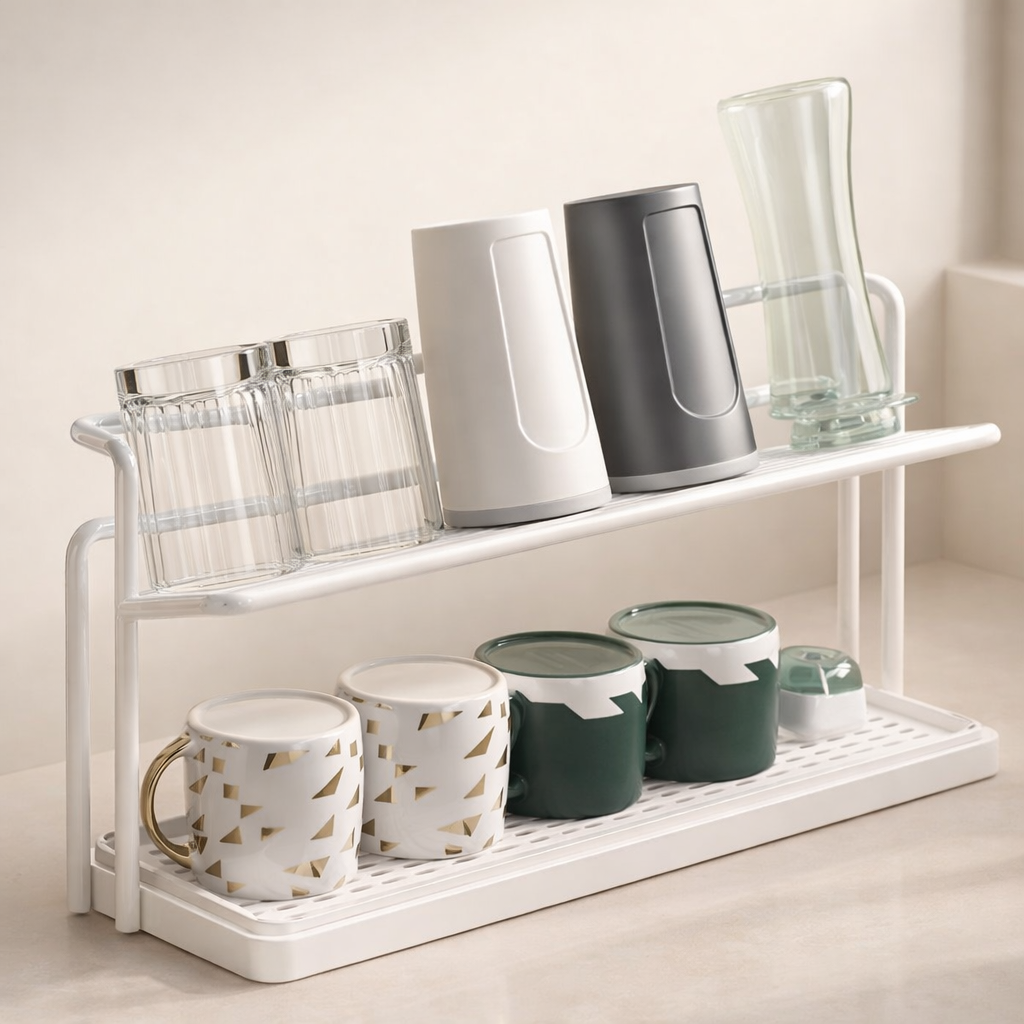 Bottle Drying Rack 2 Tier Carbon Steel 15 in Width with Drain Tray Kitchen Organizer