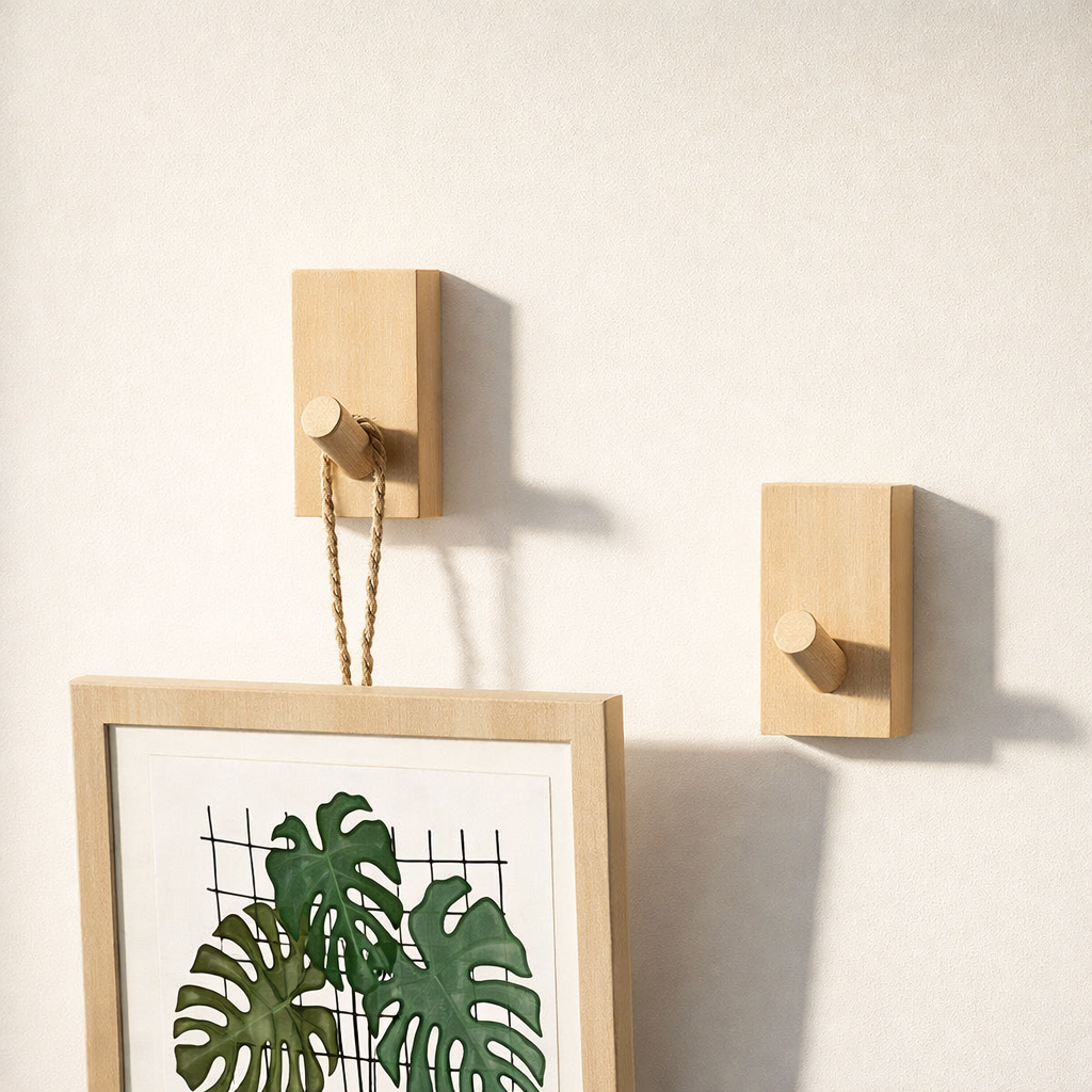 Wall Hooks Set of 2 Self Adhesive Solid Wood Household Storage