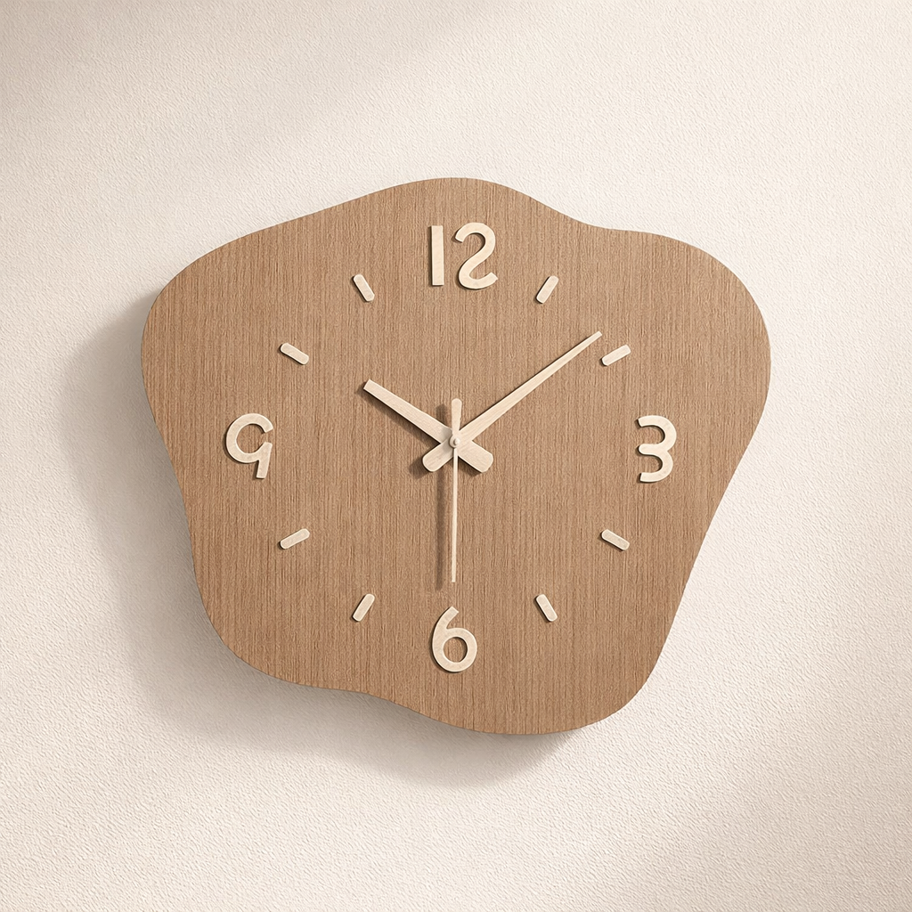 Wall Clock Wood Irregular Frame Quiet Movement Battery Powered Indoor