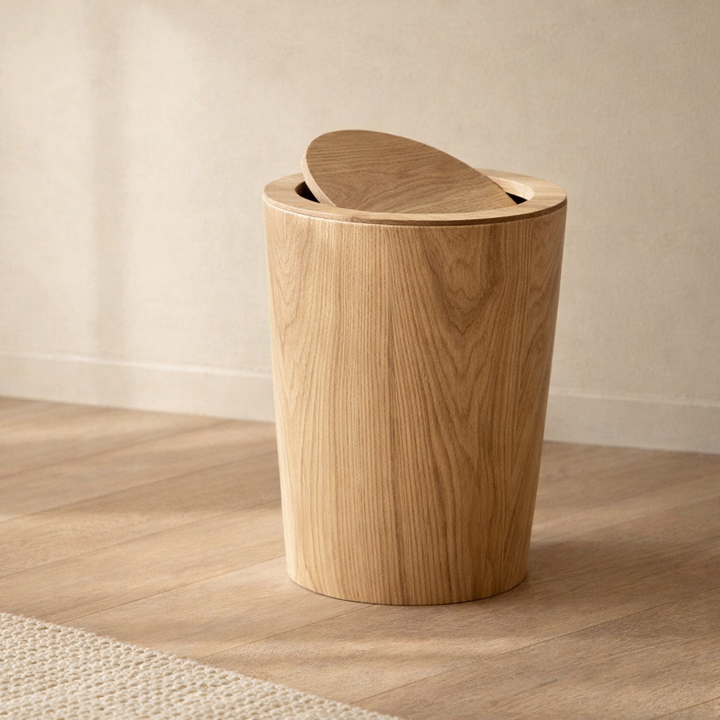 Trash Can Wood Style Rotating Lid Dual Layer Kitchen Bin
