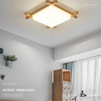 Traditional Japanese Square Tatami LED Flush Mount Ceiling Light in Wood and Acrylic for Bedrooms