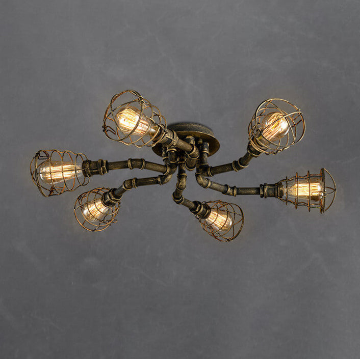 Industrial Vintage Round Iron Flush Mount Ceiling Light - Available in 4, 6, or 8 Lights