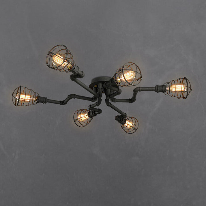 Industrial Vintage Round Iron Flush Mount Ceiling Light - Available in 4, 6, or 8 Lights
