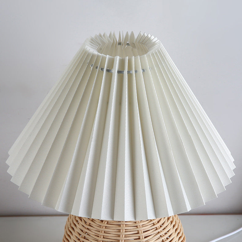 Modern Nordic Rattan Fabric Pleated Conical LED Table Lamp for Bedroom