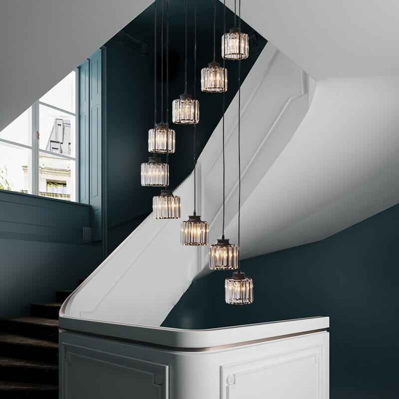 Contemporary 6-Light Cylindrical Crystal Stairway Chandelier