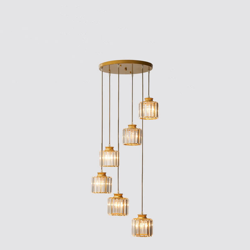 Contemporary 6-Light Cylindrical Crystal Stairway Chandelier
