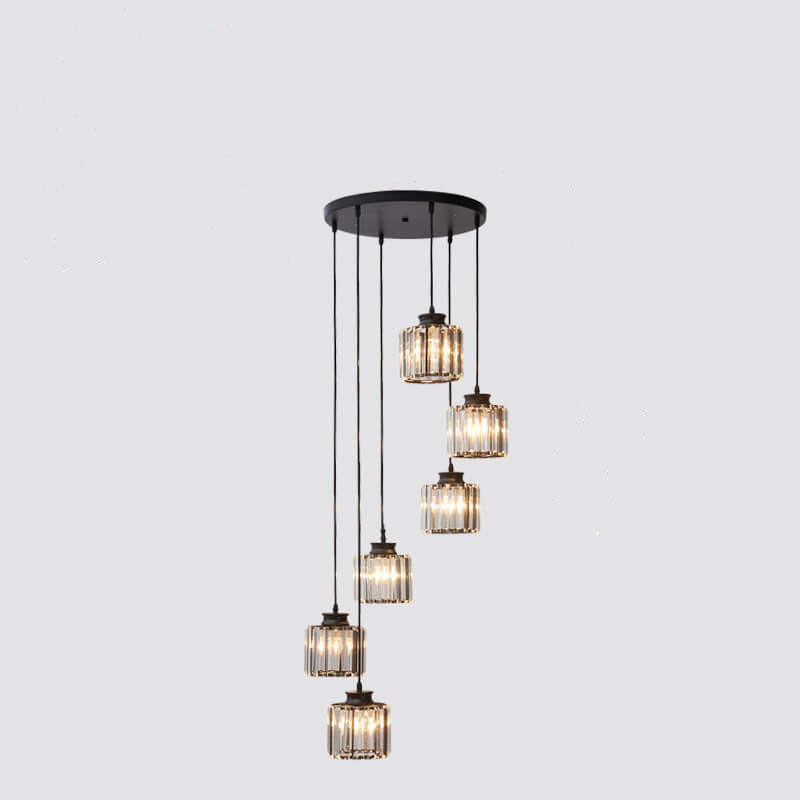 Contemporary 6-Light Cylindrical Crystal Stairway Chandelier