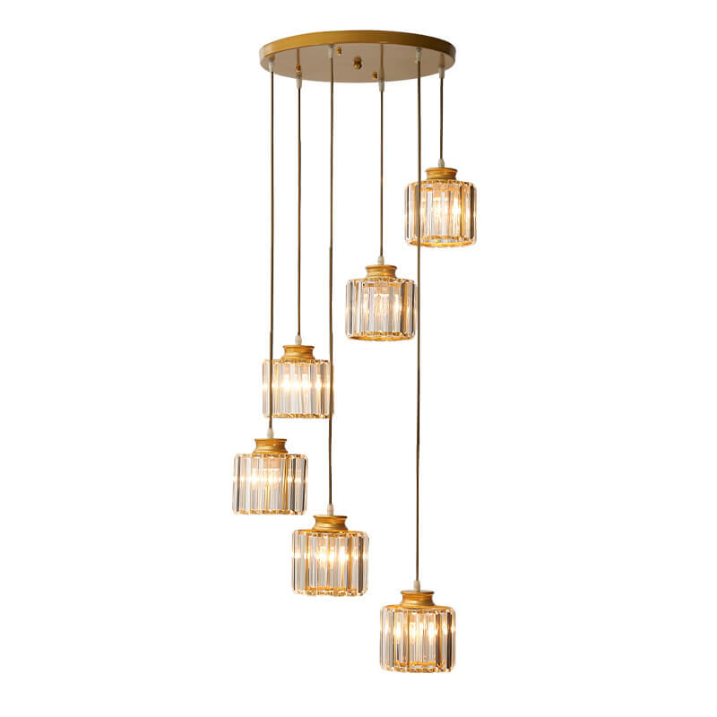 Contemporary 6-Light Cylindrical Crystal Stairway Chandelier