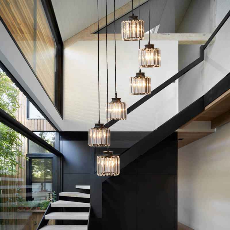 Contemporary 6-Light Cylindrical Crystal Stairway Chandelier