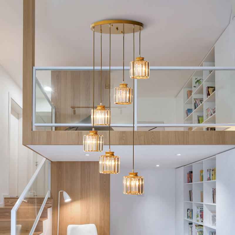 Contemporary 6-Light Cylindrical Crystal Stairway Chandelier