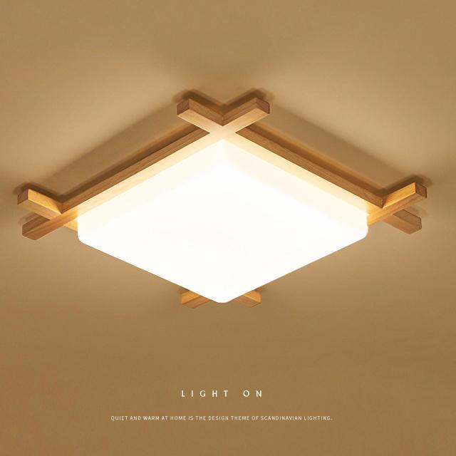 Traditional Japanese Square Tatami LED Flush Mount Ceiling Light in Wood and Acrylic for Bedrooms