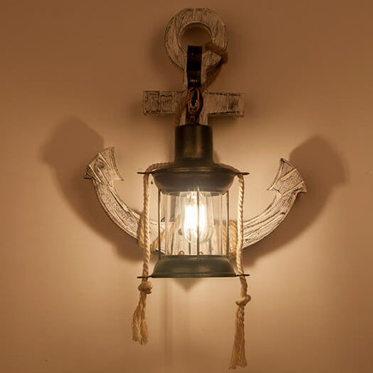 Rustic Industrial Wooden Wall Sconce Lamp with Vintage Boat Anchor Design - 1-Light