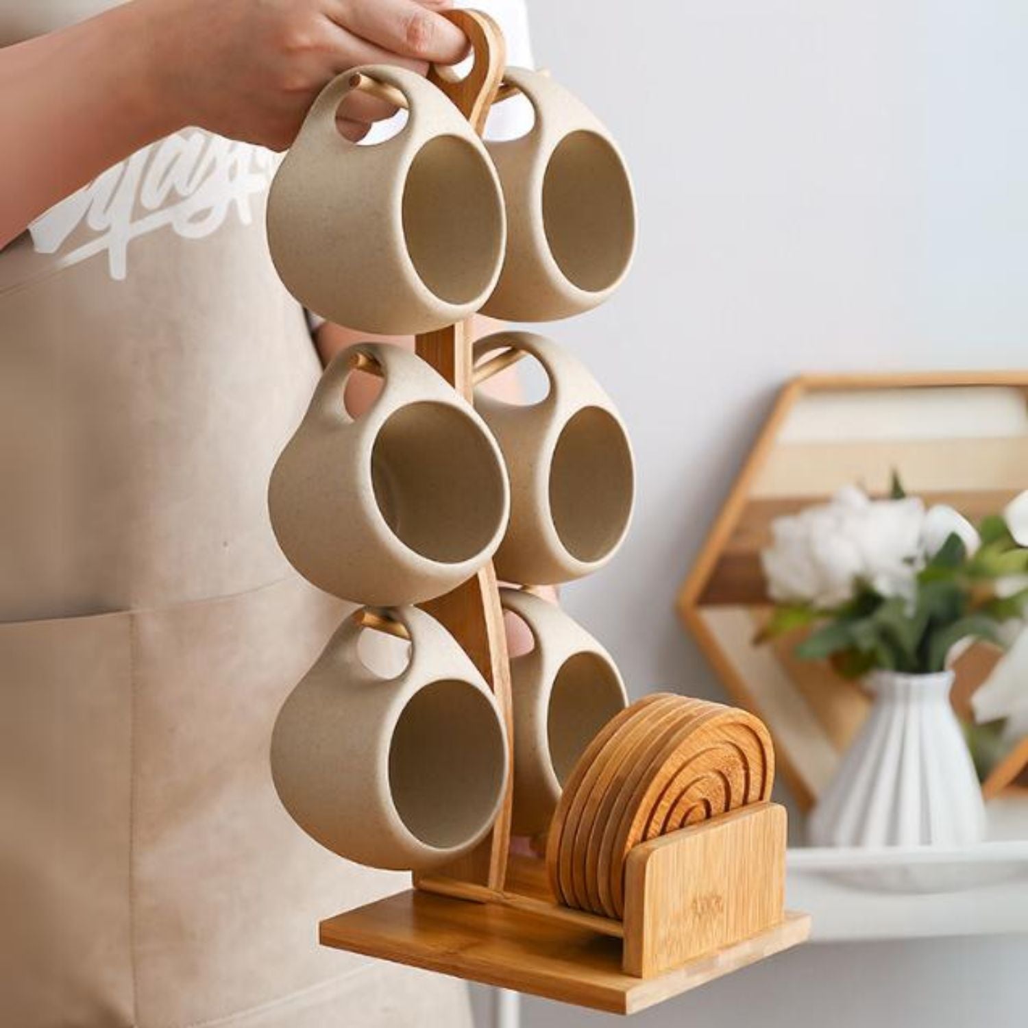 Bela Ceramic Cup Set | 6 Nordic Cups with Bamboo Stand & Coasters
