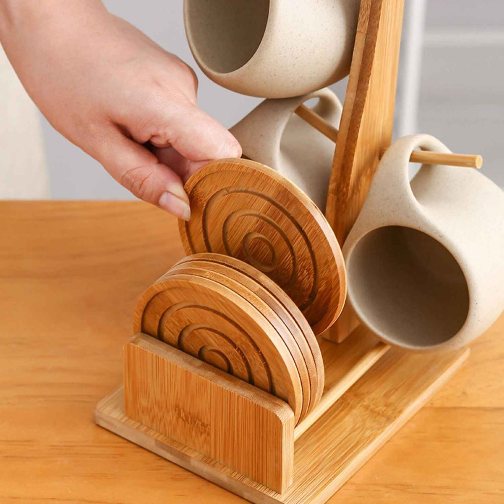 Bela Ceramic Cup Set | 6 Nordic Cups with Bamboo Stand & Coasters