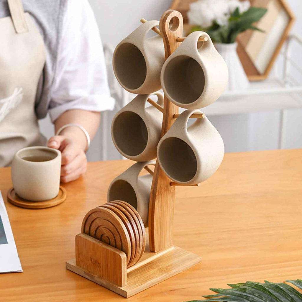 Bela Ceramic Cup Set | 6 Nordic Cups with Bamboo Stand & Coasters