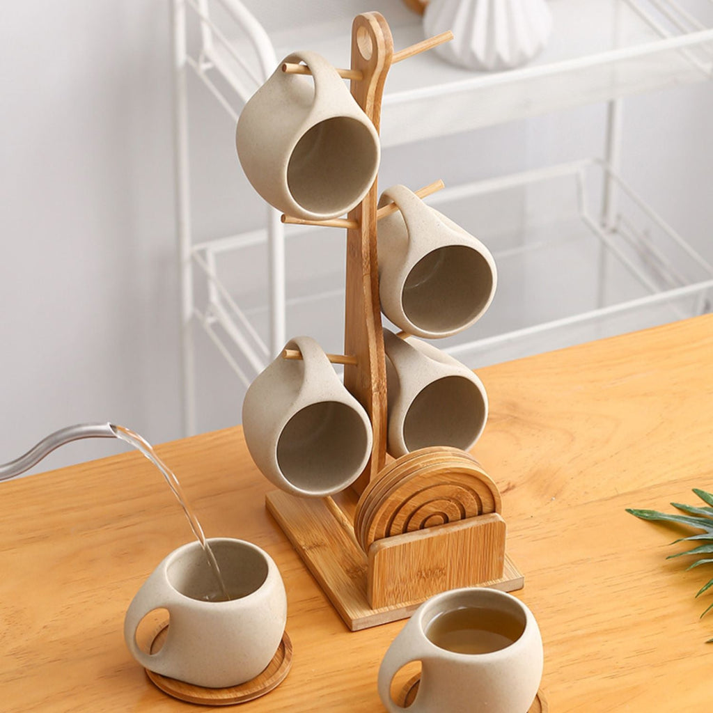 Bela Ceramic Cup Set | 6 Nordic Cups with Bamboo Stand & Coasters