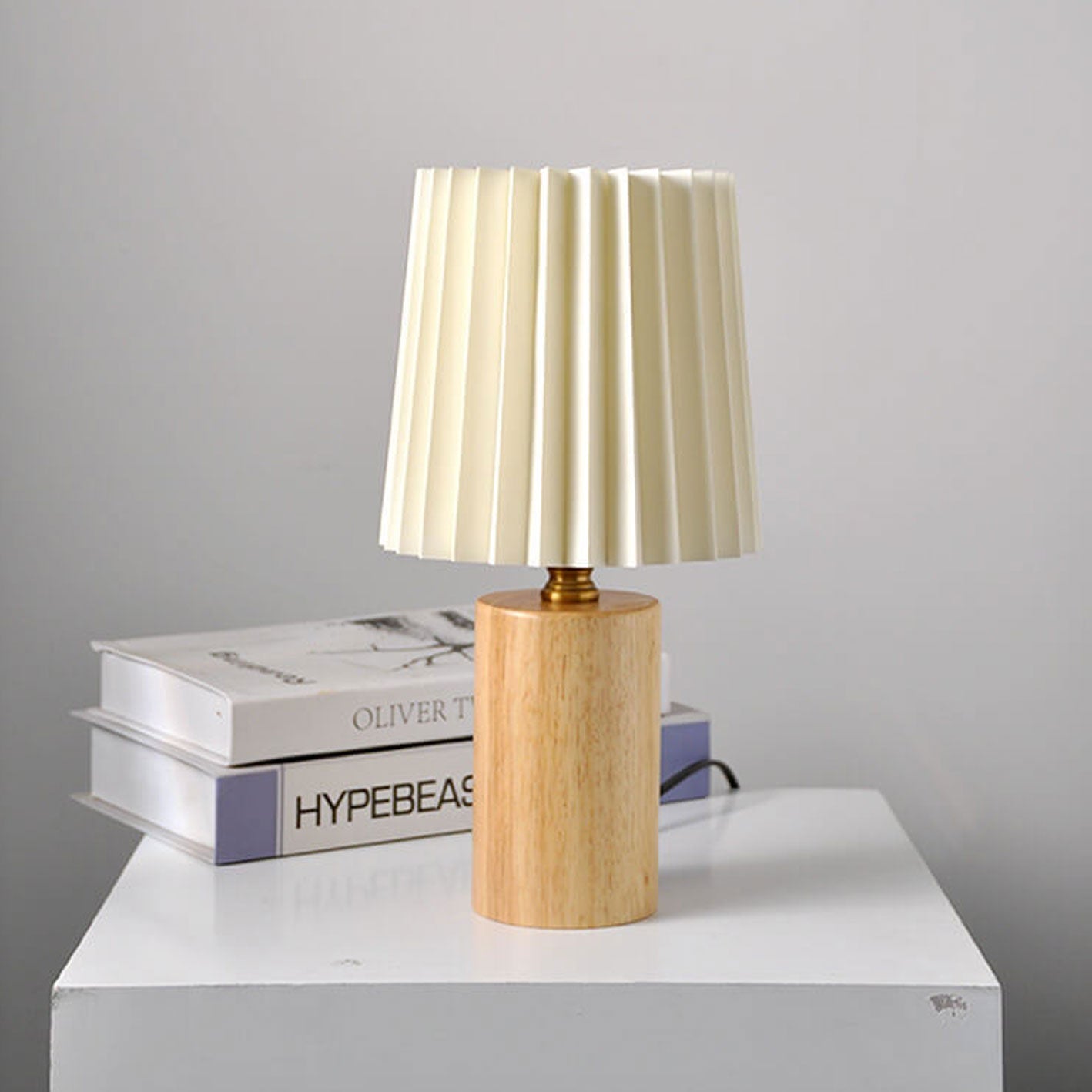 Classic Korean Pleated Column Table Lamp with Solid Wood Base - 1 Light