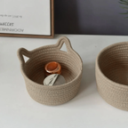 Desktop Storage Basket, Cat Ear Design, Cotton Rope Material, Natural Color