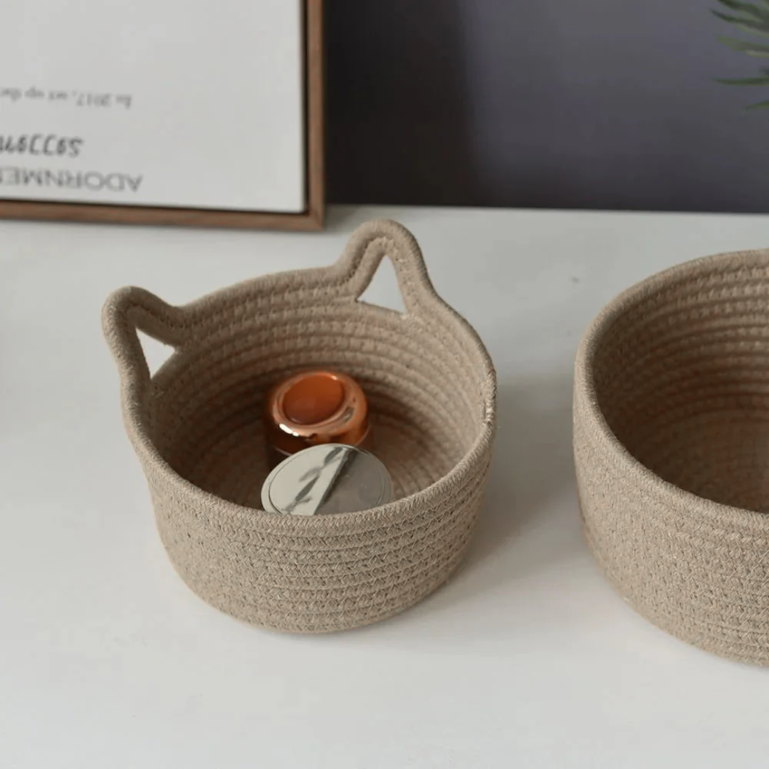 Desktop Storage Basket, Cat Ear Design, Cotton Rope Material, Natural Color