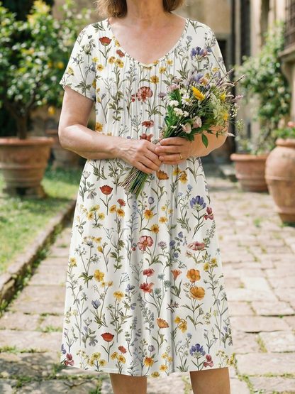 Effortless Floral Midi Dress for Women Short-Sleeve Pintuck