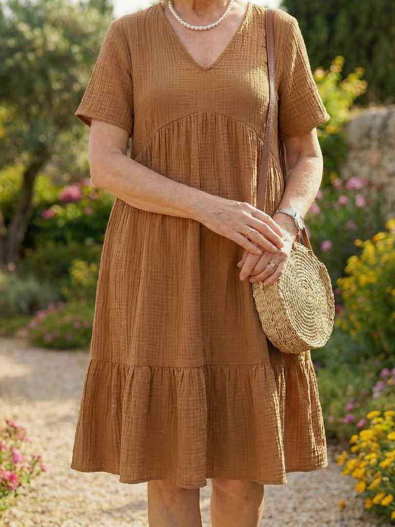 Effortless A-Line Dress for Women Textured Tiered V-Neck