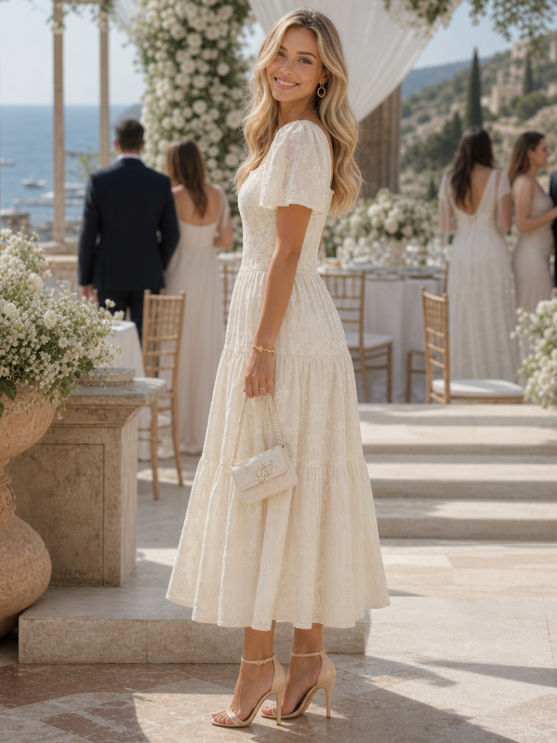 Elegant Textured Midi Dress for Women Square-Neck Flutter-Sleeve Tiered
