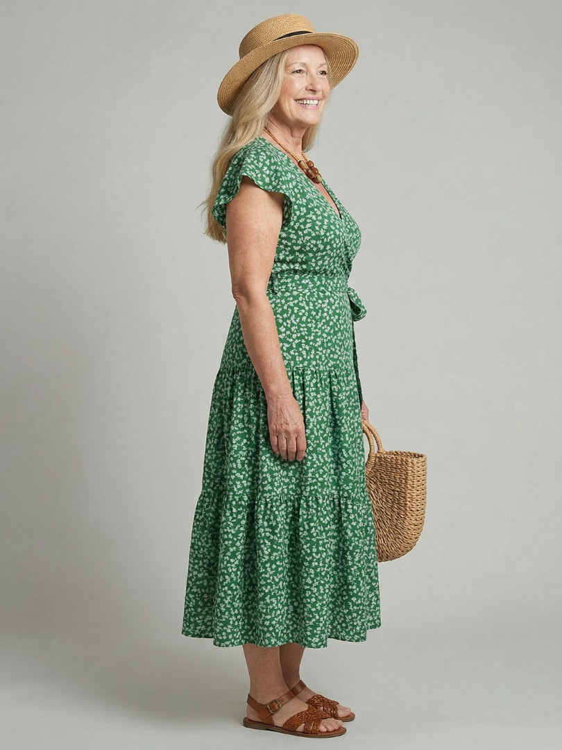 Effortless Floral Print Wrap Midi Dress for Women — Green