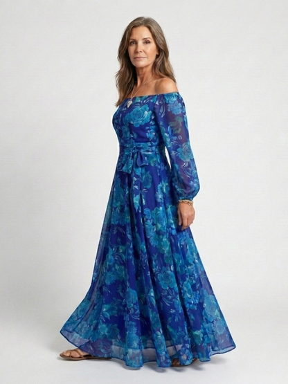 Elegant Maxi Dress for Women Off-Shoulder Floral Long-Sleeve