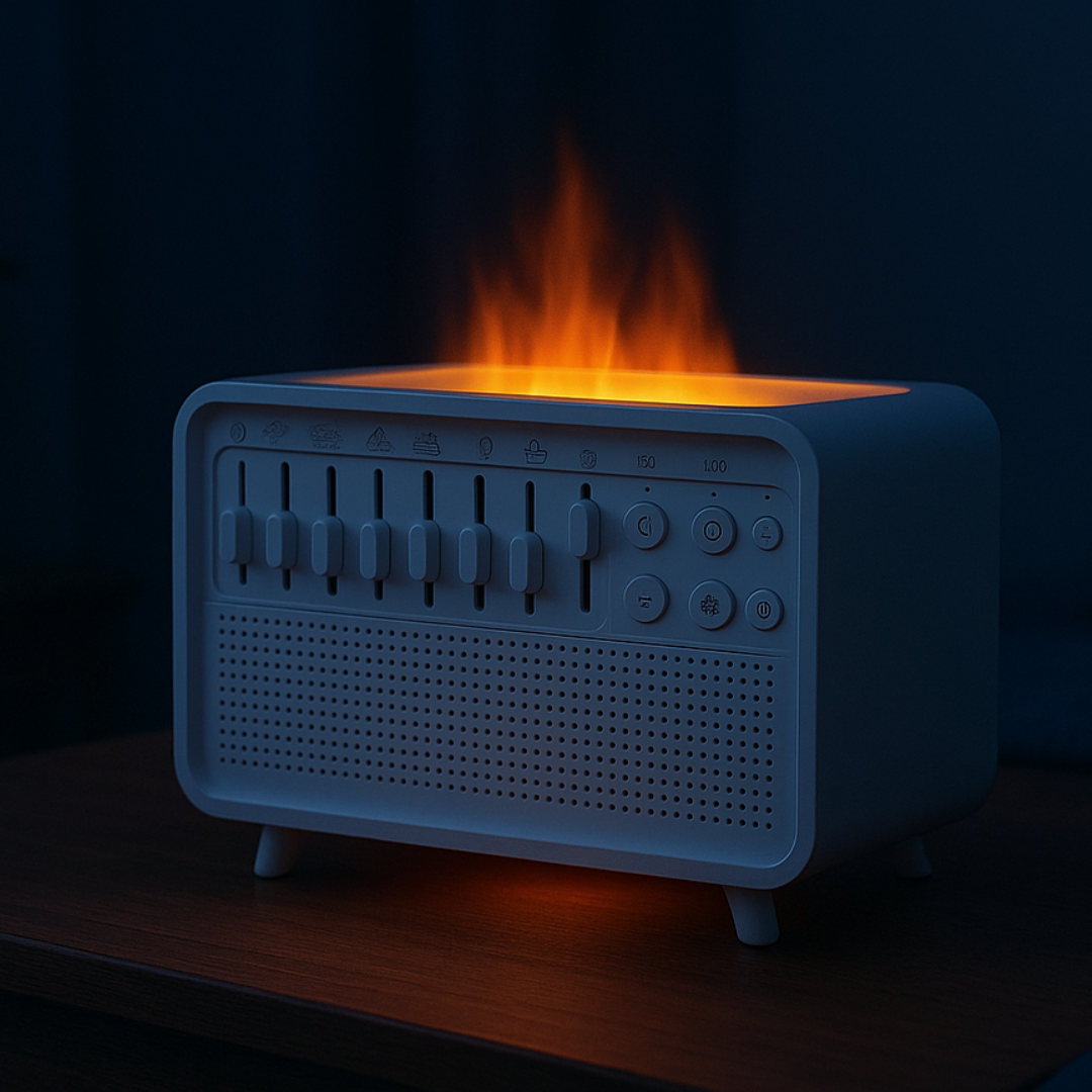 White Noise Machine USB Powered, Built-In Humidifier and Flame-Effect Light, ABS Housing