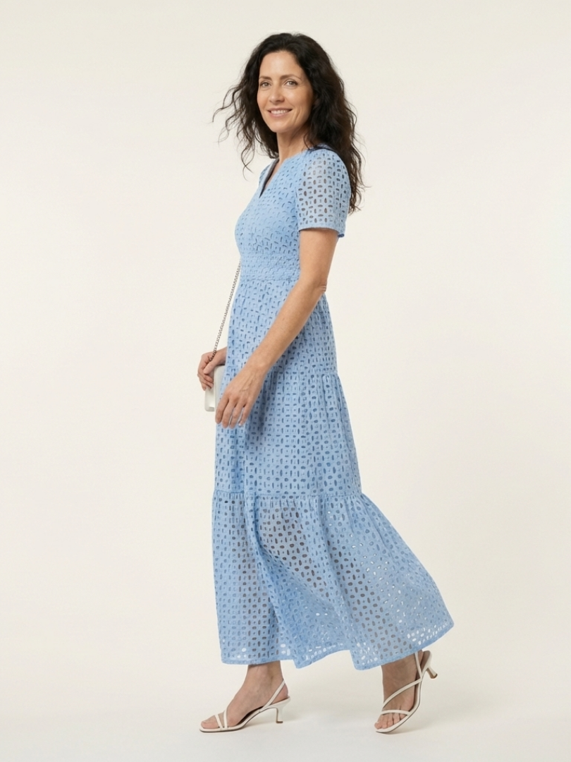 Effortless Eyelet Maxi Dress for Women V-Neck Tiered Short-Sleeve