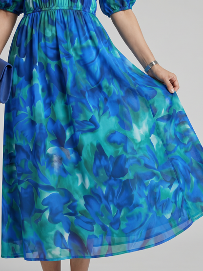 Elegant Maxi Dress for Women Abstract Print Puff-Sleeve