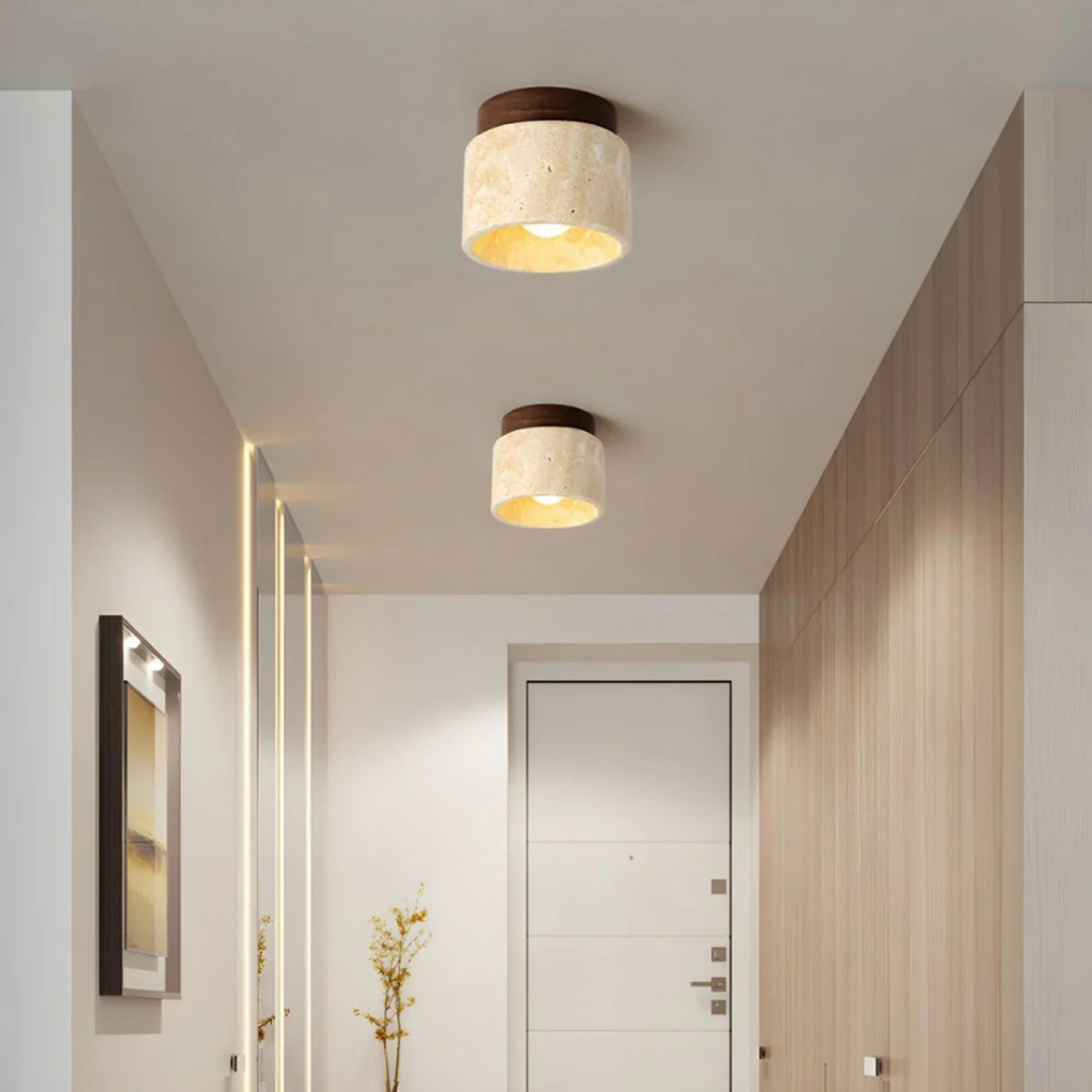 Radia - Cylinder-shaped Travertine Ceiling Lamp with Wooden Accent