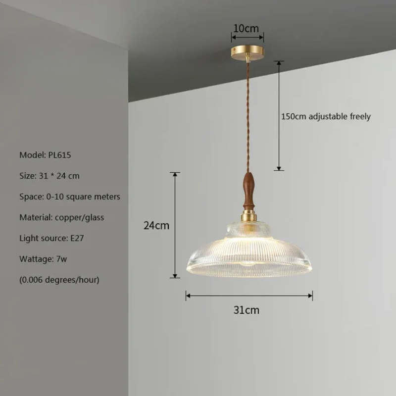 Braviont - Glass Pendant Lamp with Wood and Metal E27