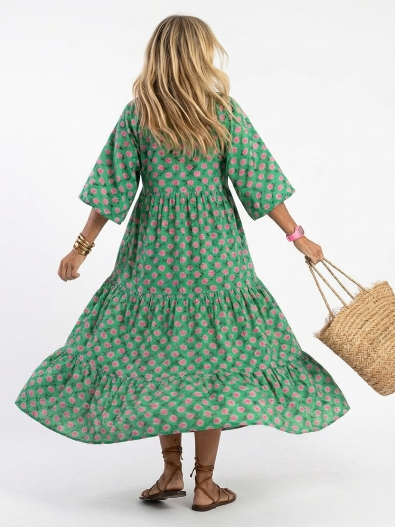 Elegant Maxi Dress for Women Floral-Print Tiered Long-Sleeve