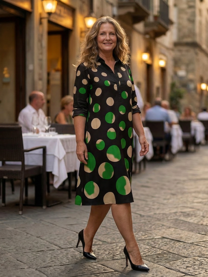 Stylish Knee-Length Dress for Women Collared Polka-Dot Three-Quarter-Sleeve — Black Green