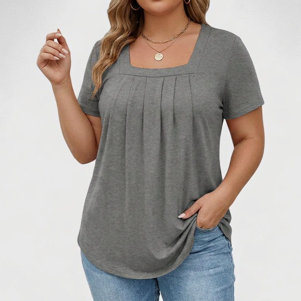 Elegant Blouse for Women Square-Neck Short-Sleeve Pleated