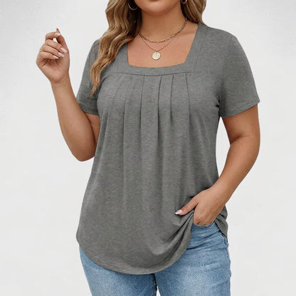 Elegant Blouse for Women Square-Neck Short-Sleeve Pleated