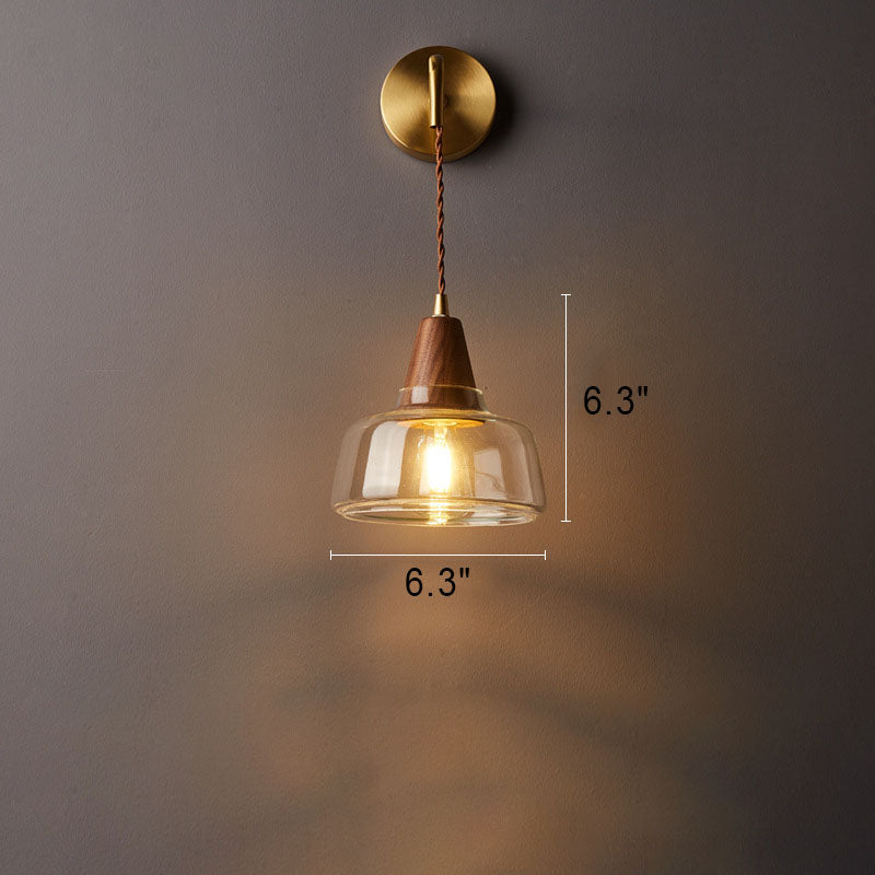 1-Light Wall Sconce Lamp with Japanese Walnut, Glass, and Copper Cylinder Design