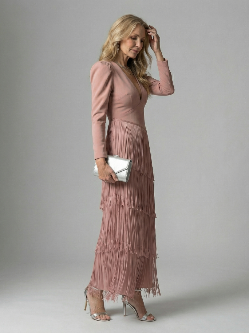 Elegant Fringe Layered Long Sleeve Maxi Dress for Women