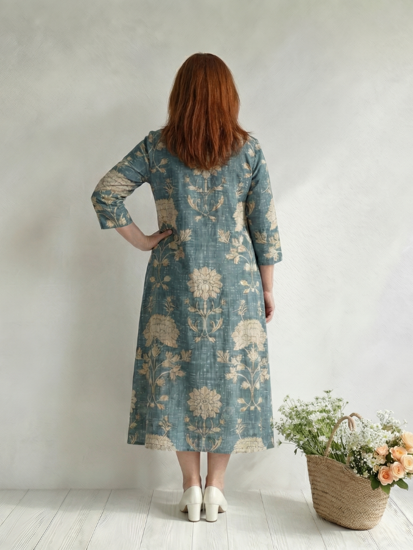 Elegant Floral Midi Dress for Women Three-Quarter Sleeve