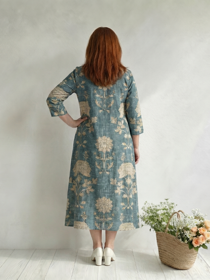 Elegant Floral Midi Dress for Women Three-Quarter Sleeve